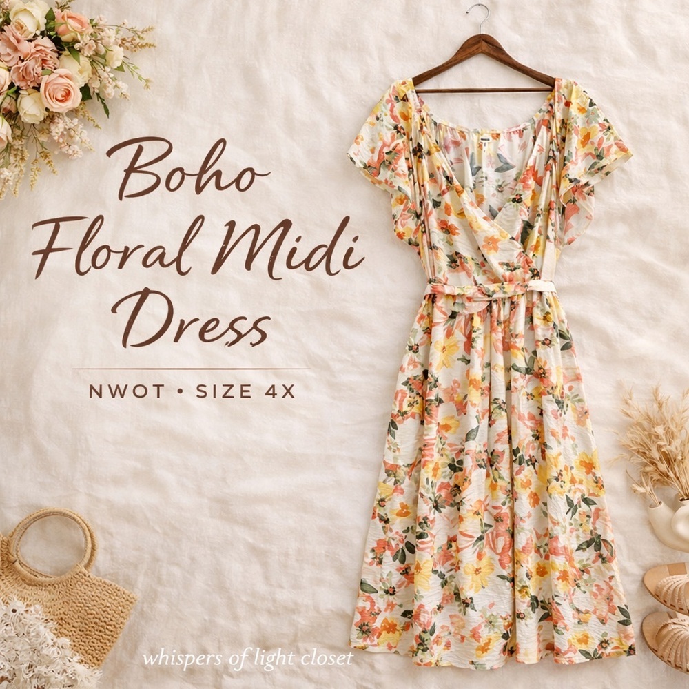 NWOT Boho Floral Midi Dress 4X Cottagecore Belted Flow